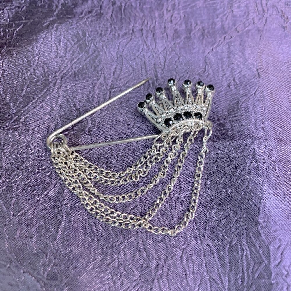 Vintage Crown Brooch with Black Stones and Chains - Picture 1 of 5